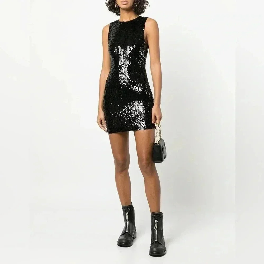 NWT Alice + Olivia Delora Black Sequin Mini Sheath Sleeveless Party Dress Size 6